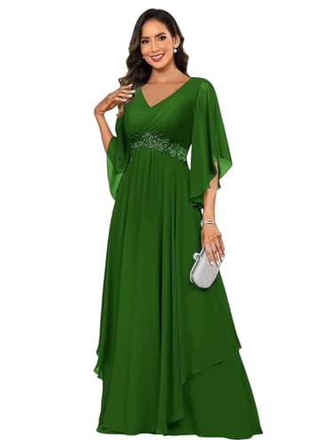 Chiffon Mother of The Bride Dresses for Women Lace Appliques V-Neck Ruffled Sleeve Long Formal Party Dress