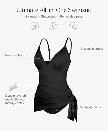 Popilush One Piece Swim Dress Tummy Control Swimsuits for Women Ruched Shapewear Split Bathing Suit4
