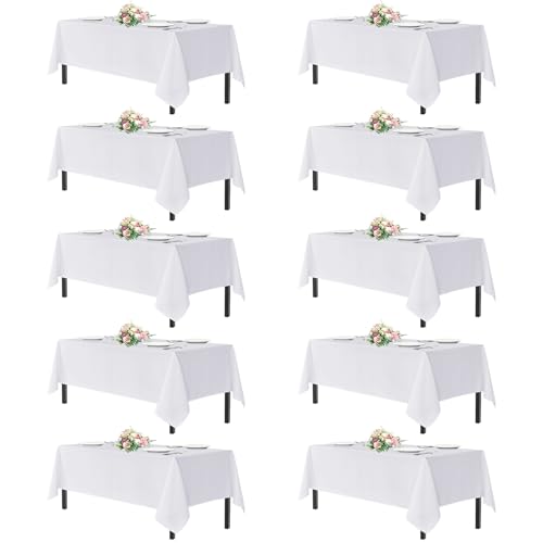 Image of sancua White Table Cloths Rectangle, 10 Pack Tablecoths Rectangular for 6 Foot Tables - Washable Polyester Fabric Table Cover for Wedding, Birthday Party, Banquet Reception, 54x108 Inch