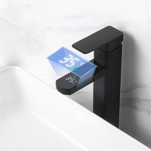 Grifo monomando de baño negro con sensor digital de temperatura y caño alto