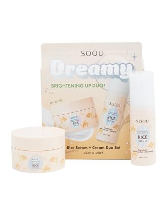 Dreamy Brightening Up Duo, Rice Serum and Cream Set, Moisturizing and Brightening, with Rice Extract Hyaluronic Acid and Niacinamide, 50ml Serum and 70ml Cream,