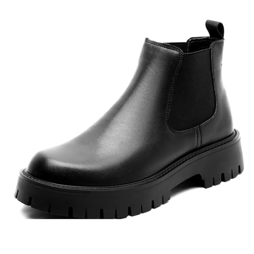 ZDOUXUAN Botas Chelsea de vestir con plataforma gruesa for hombre, punta redonda, sin cordones, antideslizantes, for uso informal y formal.(Black,42 EU)
