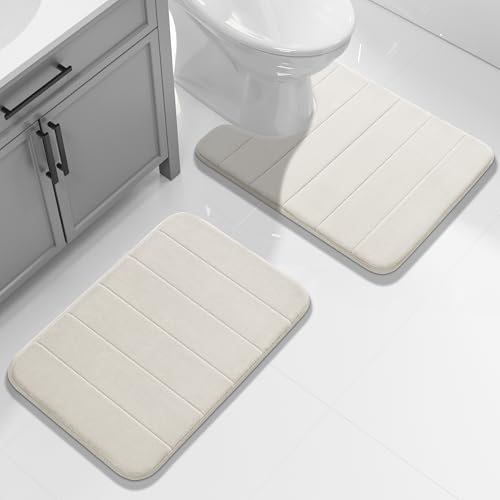 Image of Yimobra Memory Foam Bath Mat Set, 2 Piece Soft Bathroom Rugs,17x24 and 24x20.4 U-Shaped Bathroom Rug, Toilet Mat, Water Absorption, Non Slip, Thick, Dry Fast for Bathroom Floor Mat, Cream White