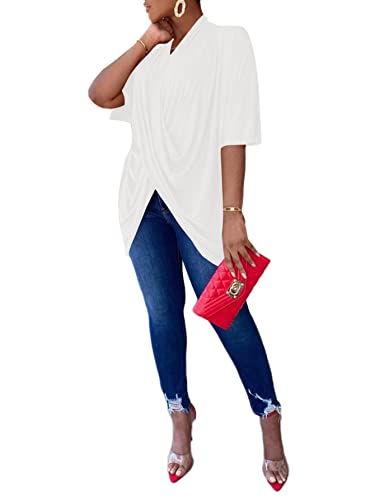 Lyaner Women's Wrap V Neck Ruched Short Sleeve Split Slit Hem Blouse Shirt Tunic Tops White X-Large #TOP4