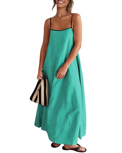 Image of Senllen Women's Linen Dress Summer Loose Flowy Sundress Contrast Spaghetti Strap Sleeveless Backless Beach Maxi Long Dresses