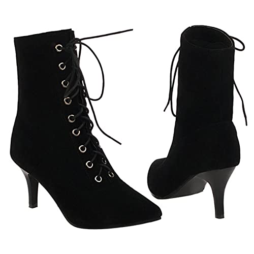 UniqueStride Womens Lace up Stiletto High Heel Ankle Boots Pointed Toe Faux Suede Retro Ankle Booties - Main Image