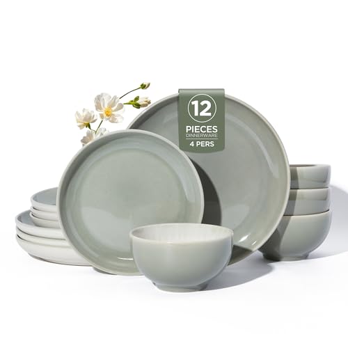 Image of Pokini Stoneware Dinnerware Sets, Ceramic Plates and Bowls Set, Microwave & Dishwasher Safe Kitchen Dish Set, Modern Dinner Salad Plates | Cereal Bowls for 4, Dishware Sets Gray Green