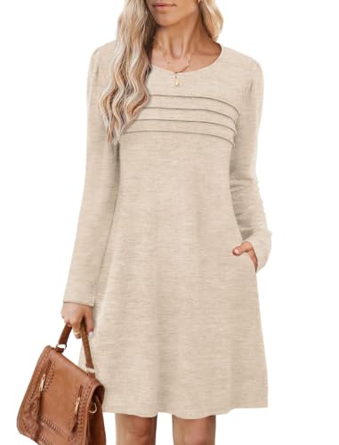 Image of OFEEFAN Womens Long Sleeve Tunic Dress Fall Fashion Sweater Dress with Pockets Pleated Front Casual Winter