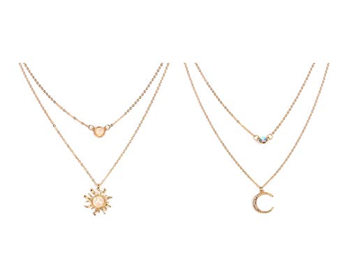 2Pcs Double Layered Chain Choker Necklace Moon and Sun Sunflower Opal Pendant White Fire CZ Fashion Bolo Style Double Chains Necklace Gift Charm Elegant Jewelry for Women