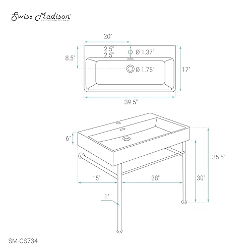 Image of Swiss Madison Well Made Forever SM-CS734, Claire 40 inch Ceramic Console Sink In Glossy White Basin