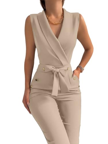 Women's Elegant Jumpsuits V Neck Sleeveless Straight Belted Long Pants Business Suits Set with Pockets Khaki XS