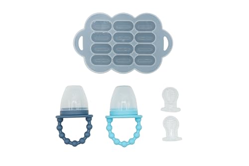 Image of WeeSprout Silicone Baby Food Feeders + Freezer Tray for Batch Prep, Set of 2, Introduce New Foods Safely, Double as Teething Toys, Includes 2 Extra Pouches & Travel Lids, Dishwasher Safe