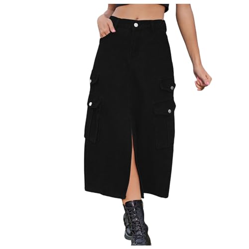 Vhersily Año Nuevo 2025 Falda Midi Cargo Jeans Falda de Mujer de Cintura Alta con Bolsillo con Solapa para Mujer Falda Midi Carga Cintura Elástica con Abertura Frontal, Negro , L