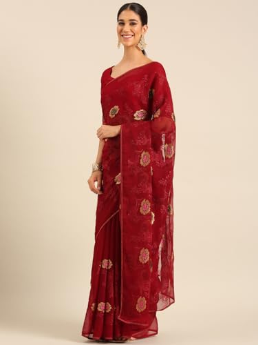 Image of Panzora Women's Chiffon Embroiderd Saree With Blouse Piece