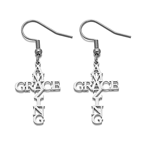 zouwii Amazing Grace Earring Stainless Steel Letter Cross Earring Pendant Neck Decoration Amazing Grace Pattern Earring for Women Religious Faith Christian Jewelry Gift Cover