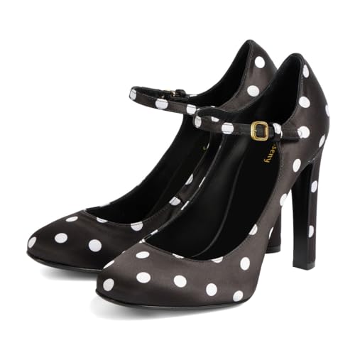 Women Elegant Round Toe Polka Dots Mary Jane Pumps Single Strap Buckle Chunky High Heels Party Prom Cocktail Shoes Size 4-16 US2
