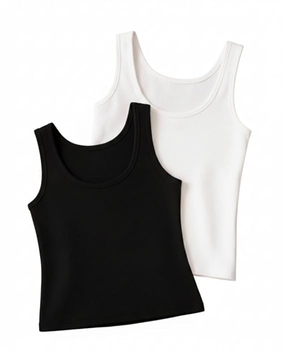 Image of Tank Top for Women | Cotton Regular Fit | Black White Western | Pack of 2 Combo (White & Black) (in, Alpha, M, Regular)