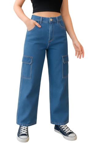 Image of ADBUCKS Stretchable High Rise Cargo Style Wide Leg Jeans for Girls II Girls Jeans