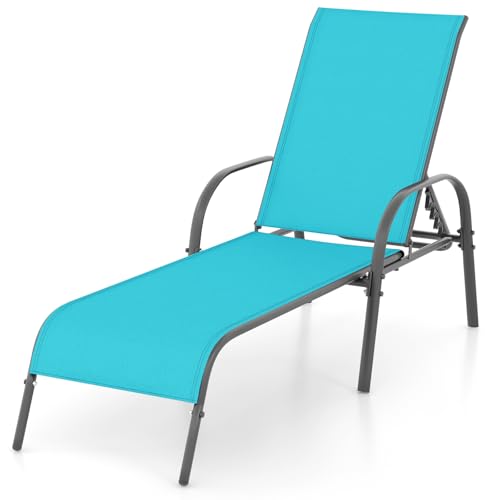 Image of Giantex Patio Lounge Chair, Outdoor Chaise Lounge with 5 Adjustable Backrest, Sturdy Steel Frame, Sunbathing Recliner, Tanning Chair for Beach, Outside, Yard, Balcony, Pool Chairs (1,Turquoise)