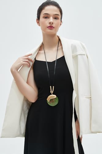 GelConnie Leather Necklace for Women Large Pendant Long Brown Necklace Circle Leather Choker Vintage Sweater Necklace Gold Chunky Boho Necklaces for Women2
