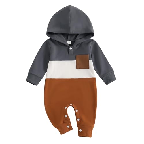 Image of BemeyourBBs Newborn Baby Boy Clothes Color Block Long Sleeve Zipper Hooded Romper with Pocket Fall Winter One Piece Outfits