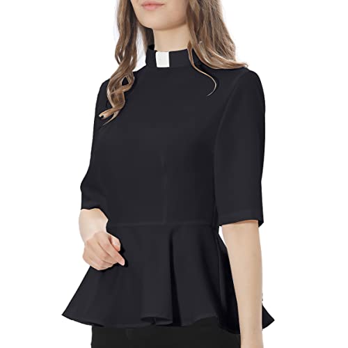 Womens Summer Clergy Shirt Tab Collar Half Sleeve Ruffle Blouse Top