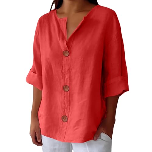 Linen Tops for Women Button Down V Neck 3/4 Sleeve Shirts Roll-Up...