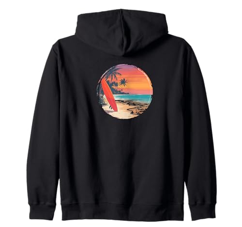 Camisa de playa retro tropical puesta de sol 80s tabla de surf palmera Sudadera con Capucha