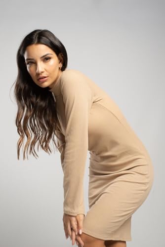 Vestido Midi Canelado Manga Longa Gola Alta | Vestido Manga Comprida Feminino Gola Alta Ribana Canel