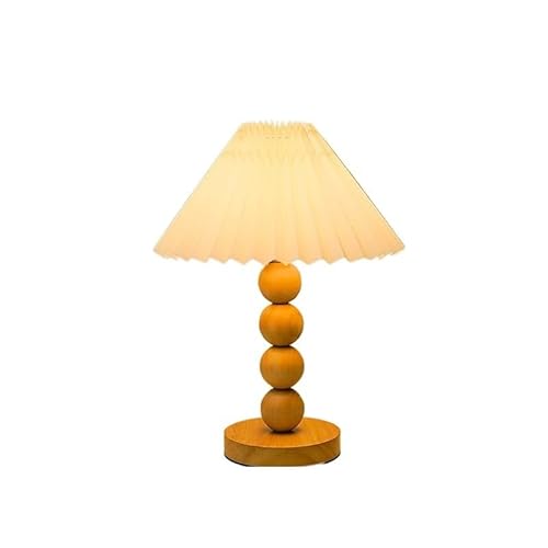 T2H9B5V4G8 Desk Lamp Retro Wooden Bedside Table Bedroom Pleated Lampshade Small Lamp(White)