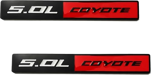 Image of 2PC 5.0L Coyote Emblem Decal Car Engine Letters Decal Plating Badge 3D Metal Style Fit for F150 5.0L Engine Truck Black Red