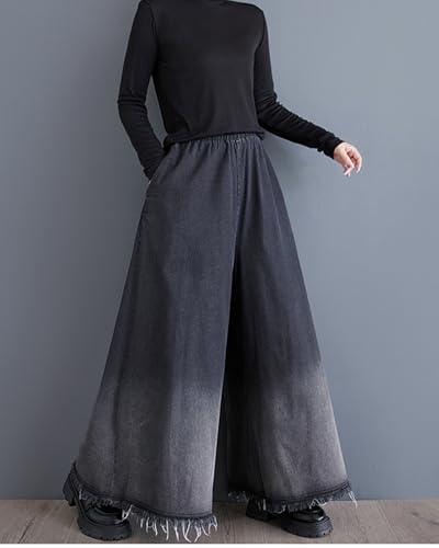 ellazhu Women's Pants Elastic Waist Wide Leg Pockets Color Block Baggy Loose Oversize Trouser GZ3154