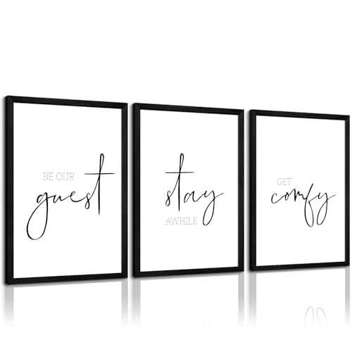 Be Our Guest Wall Decor Guest Room Wall Art Decor Stay Awhile Signs for Home Decor Minimalist Wall Art Over The Bed Sign Guest Bedroom Wall Decor Canvas Painting 12x16 Inch Wood Framed Set of 3