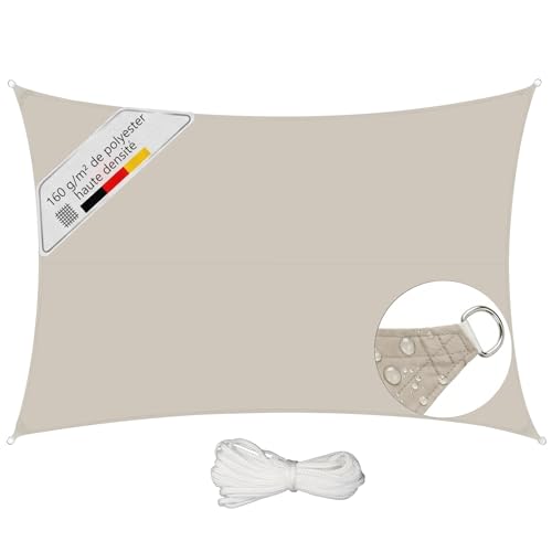 Sunula Voile d'ombrage Rectangulaire 3x4m Imperméable – PES 160g/m², avec Anneaux Acier Inoxydable, Scellement des Coutures et Protection UV Jusqu’à...
