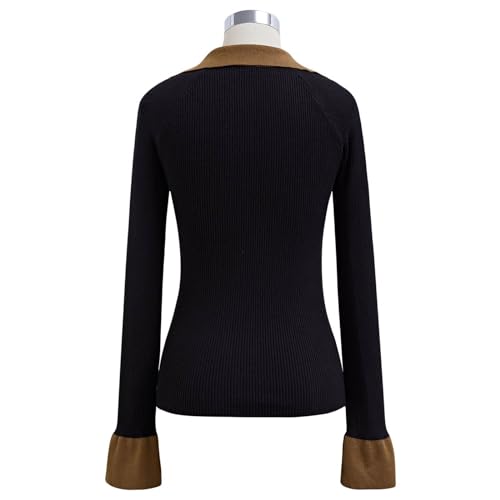 Image of CHICWISH Women's Long Sleeve Fall Fashion Black /Cream Square Neck Knit Top Split Bell Cuffs Pullover Casual Sweater