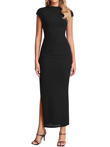 Image of HTZMO Floral Wedding Guest Ruched Bodycon Maxi Dress for Women | Cap Sleeve Slit Long Dresses, Fall Formal Cocktail Party Elegant Modest Bride Shower, Stretchy Mesh Fabric, Winter 2026