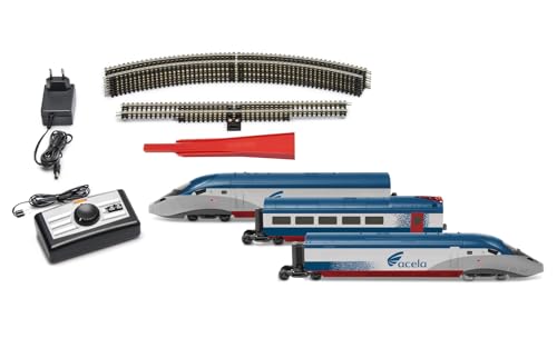 Image of Hornby Electric Train Set - HR1000T Amtrak Acela NEC High-Speed - HO Gauge Train Starter Sets, Adult Vintage Trains, Small Hobby Model for Adults - with Tracks, MidiMat, Connecting Track, Controller