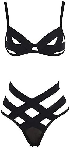 Lace G-String Bandage Lingerie for Women Sexy Spaghetti Strap Cage Bra Bustier for Sex Hollow Out Mesh Thong Underwear Black a