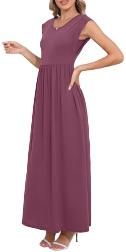 Image of DB MOON Womens 2026 Maxi Dresses Empire Waist Long Summer Dress Casual Cap Short Sleeve Sundress with Pockets