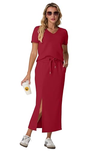 Image of GRECERELLE Women Summer Casual 2 Piece Sets V-Neck Wrinkle-Free Top & Elastic Waist Midi Side Slit Skirt with Pockets