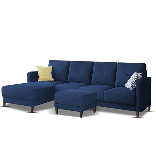 Image of Baloney LHS 6 Seater L Shape Sofa Set with Center Table for Living Room (Blue Fabric) Premium Fabric Sofa