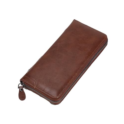 men's wallet Men's Long Anti-theft Anti-magnetic Wallet Wax PU Leather Zipper Business Card Holder Large Capacity Men(Darkbrown)