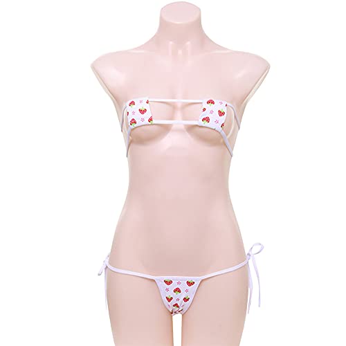 Abafip Womens Micro Tanning Bikini Kawaiii Japanese Anime Lingerie Set Cute Stripe Tiny Bra Thong Panty Bottom Extreme Swimsuit Square Strawberry One Size #TOP4