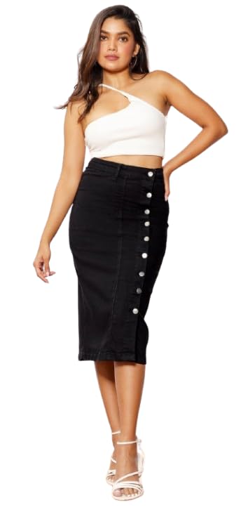 Z Black Side Button Plain Straight Maxi Denim Woman Skirt 14600-picture-33