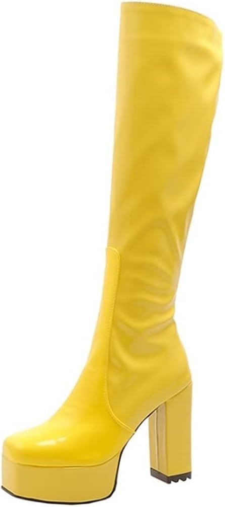 Amazon.co.jp: ニーハイブーツヒールピカピカ 分厚いかかと スクエア