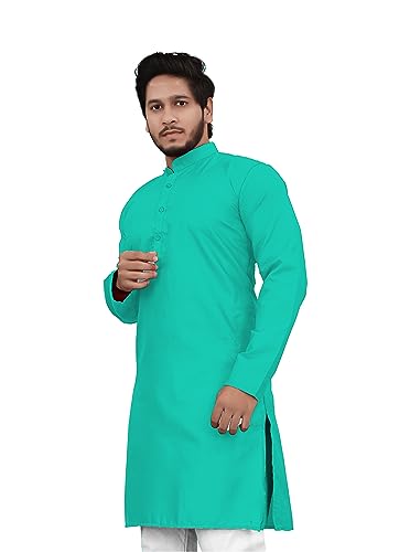Image of Cotton Blend Full Sleeve Long Plain Kurta for Men