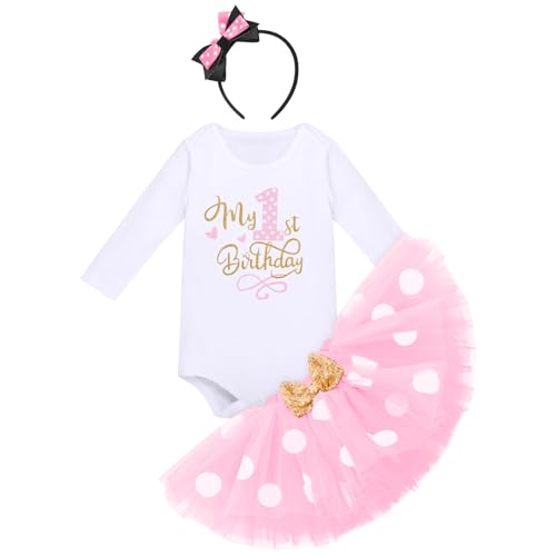 FYMNSI Baby Mädchen 1. Geburtstag Outfit Maus Kostüm Baumwolle Langarm Body Strampler Prinzessin Gepunktet Tütü Tüll Rock Stirnband 1 Jahr Party Herbst Winter Bekleidungsset Fotoshooting Rosa 1 Jahr