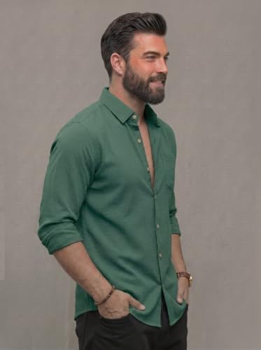 Image of NexaFlair Men's Regular Fit Solid Pattern Laffer Cotton Shirt with Long Sleeve Collared Neck Standard Length and Button Down Closure Type | Mens Casual Shirts | Man's Formal Shirts