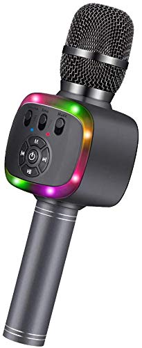 BONAOK Micrófono de Karaoke Inalámbrico Bluetooth Mejorado con Doble Canto, Luces LED, Micrófono Portátil de Mano, Regalo de Cumpleaños para iPhone/Android/PC/Hogar/Fiesta (Gris Espacial) Cover