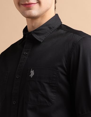 Image of U.S. POLO ASSN. Denim CO. Solid Regular Fit Shirt for Men - 100% Cotton, Breathable & Comfortable, Full Sleeves Casual Shirt for Men - 50, Black